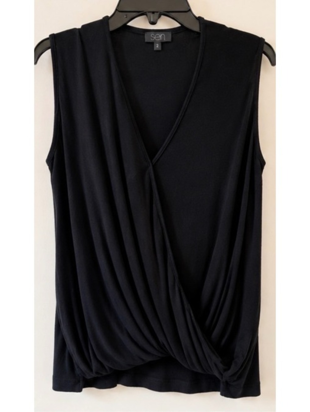SEN Collection Black Draped Surplice Wrap Sleeveless Top Size 2